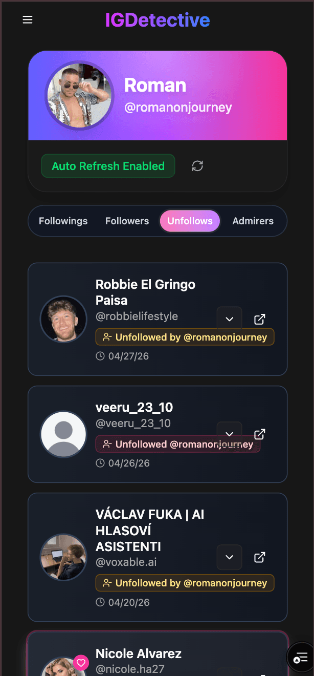 IGDetective Unfollows tab on iPhone — chronological list of recent unfollows with avatar, username, date, and direction (incoming vs outgoing)