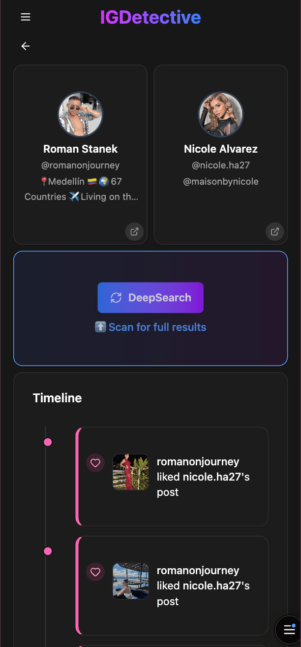 IGDetective DeepSearch connection-detail view on iPhone — two profile avatars at top, a DeepSearch button, and a chronological timeline of cross-account interactions
