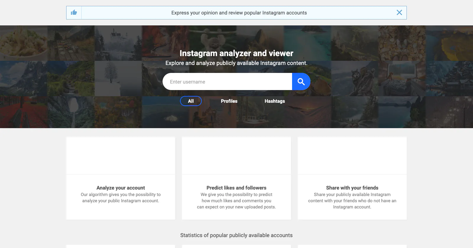 The Internet Archive's May 29, 2023 capture of gramhir.com: "Instagram analyzer and viewer — Explore and analyze publicly available Instagram content", a username search box, and three feature blocks: Analyze your account, Predict likes and followers, Share with your friends