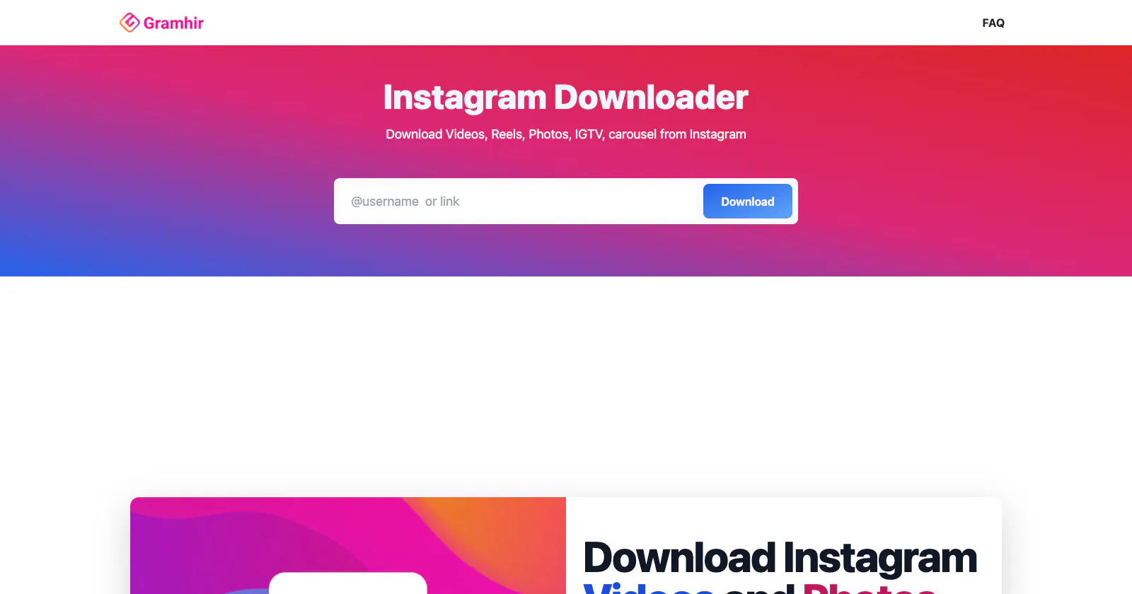 The Internet Archive's January 16, 2024 capture of gramhir.com: an "Instagram Downloader" page under a Gramhir logo, with a "@username or link" box and a Download button