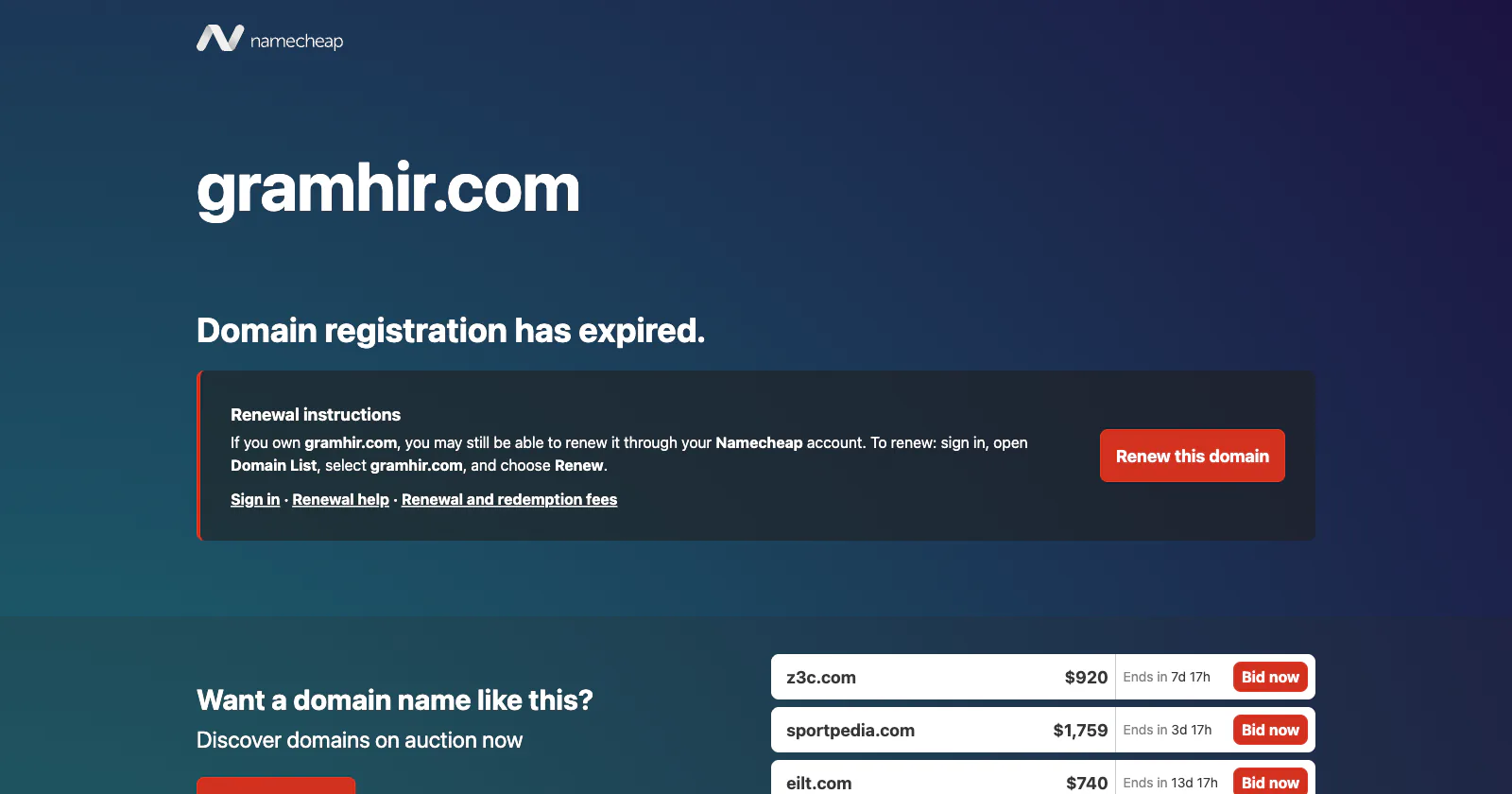 gramhir.com opened over plain http on September 4, 2026: a Namecheap page headed "Domain registration has expired." with renewal instructions for the owner