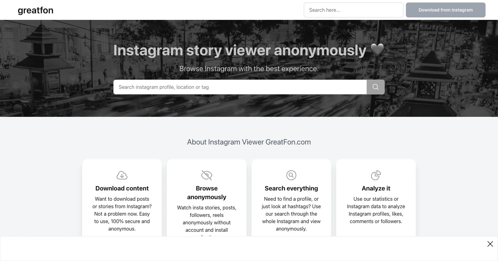 The Internet Archive's September 9, 2024 capture of greatfon.com: "Instagram story viewer anonymously", a "Search instagram profile, location or tag" box, and four feature cards