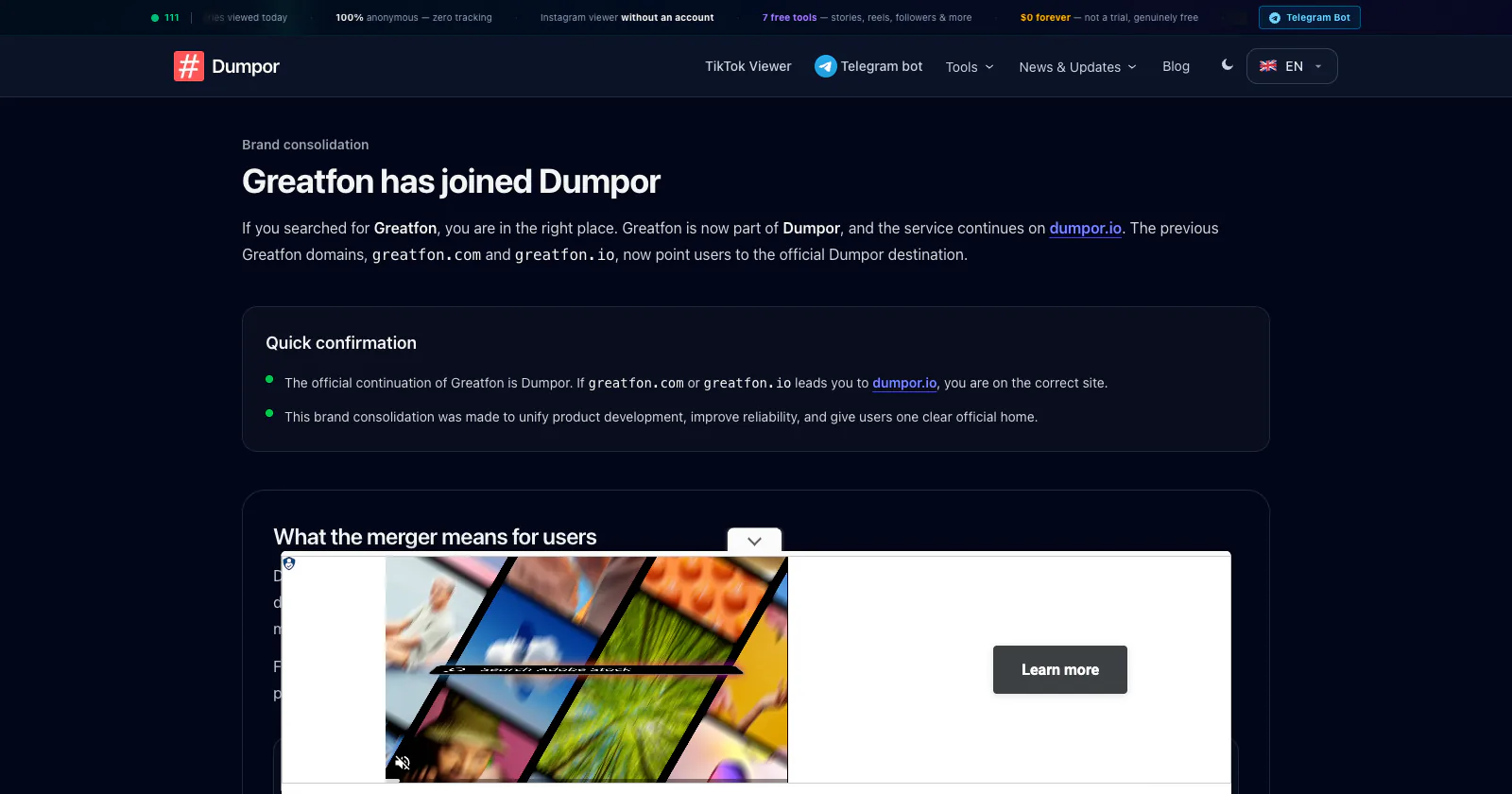 dumpor.io/greatfon/ on September 4, 2026: a page headed "Greatfon has joined Dumpor" stating that greatfon.com and greatfon.io now point users to Dumpor