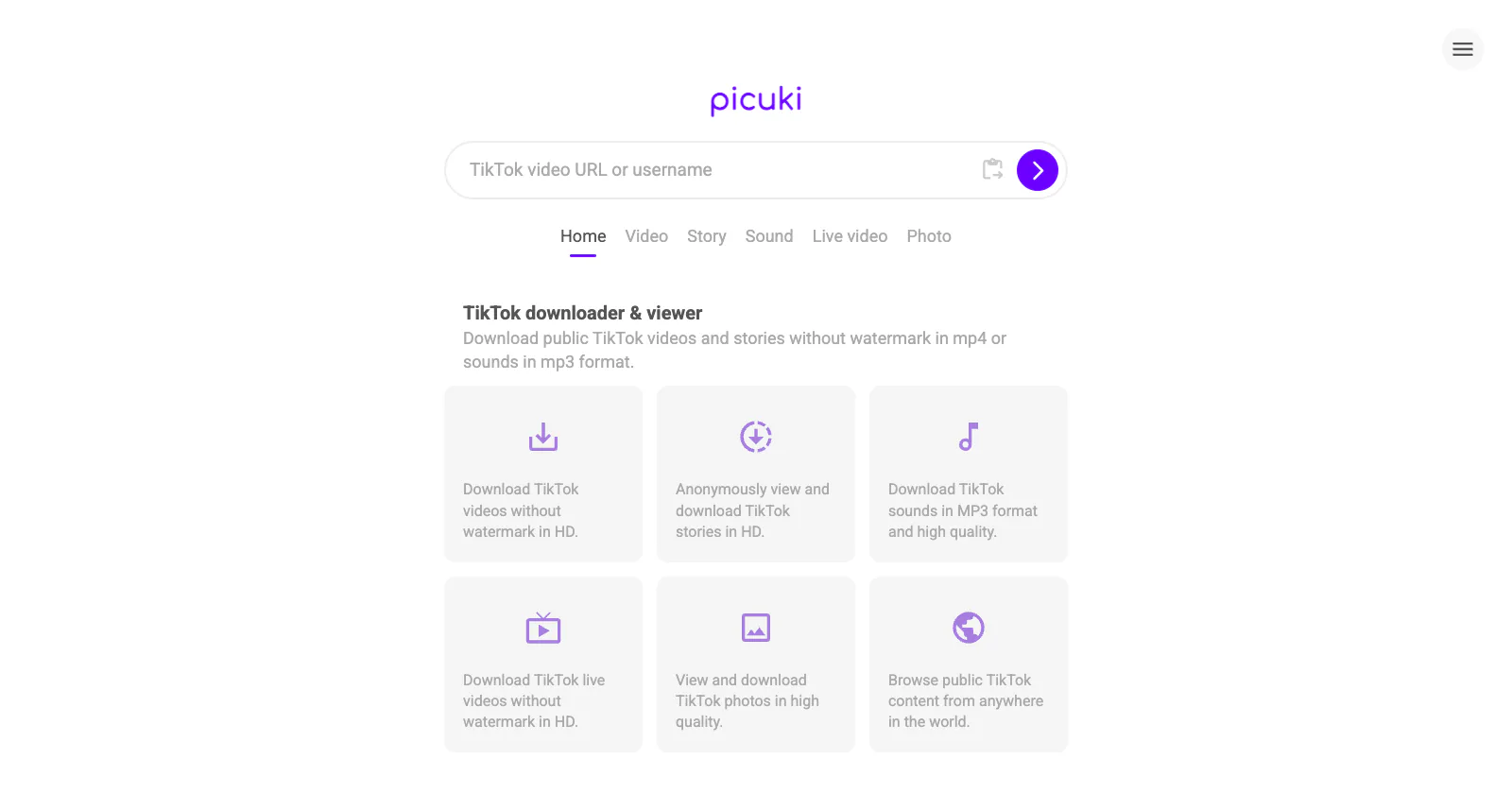 The Internet Archive's September 9, 2025 capture of picuki.com: the Picuki logo over a "TikTok video URL or username" box and a "TikTok downloader & viewer" heading