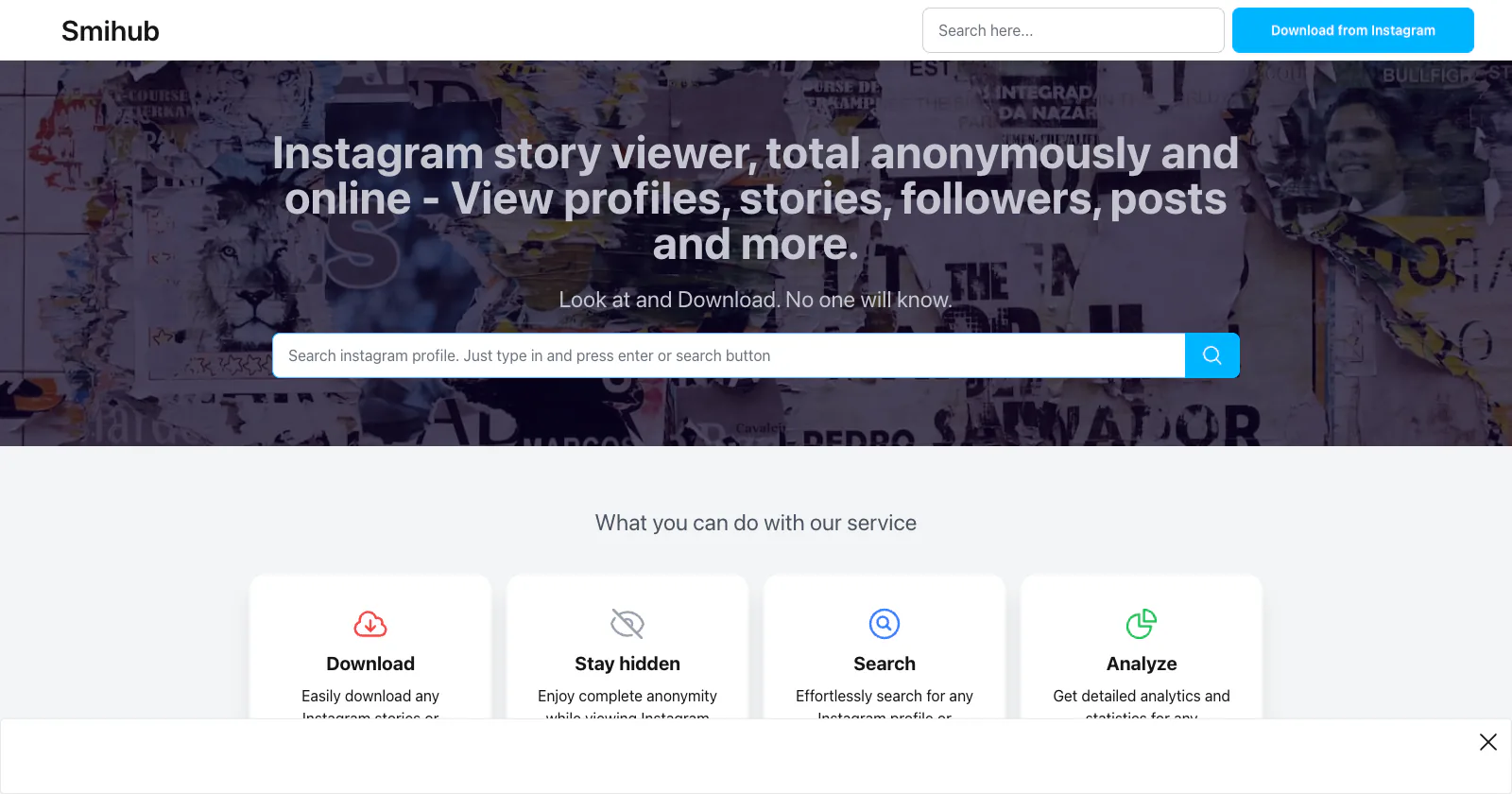 The Internet Archive's October 5, 2024 capture of smihub.com: "Instagram story viewer, total anonymously and online - View profiles, stories, followers, posts and more", a profile search box, and four feature cards