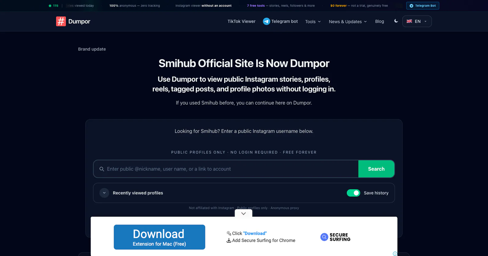 dumpor.io/smihub/ on September 4, 2026: a page headed "Smihub Official Site Is Now Dumpor" with a username search box labelled "Looking for Smihub?"