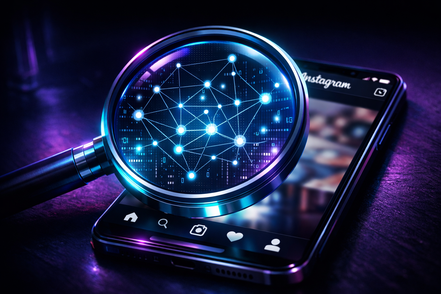 Magnifying glass over Instagram logo