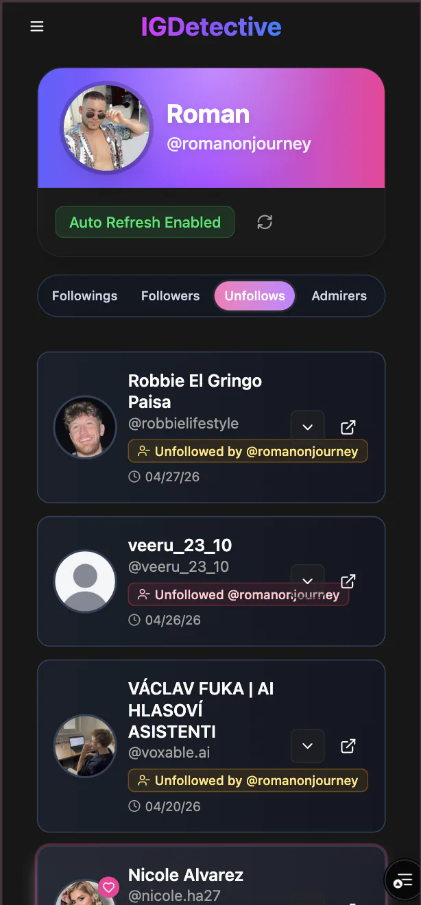 IGDetective on iPhone showing a tracked account's Followings, Followers, Unfollows and Admirers tabs, with each follow and unfollow dated