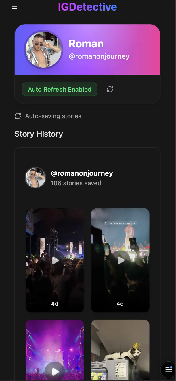 IGDetective Story Archive on iPhone — Stories saved for a tracked Instagram account and kept after they expire