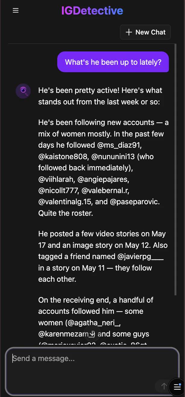 IGDetective Gossip Chat on iPhone — user asks about a tracked profile and the AI responds with a synthesized activity summary including dates and account names