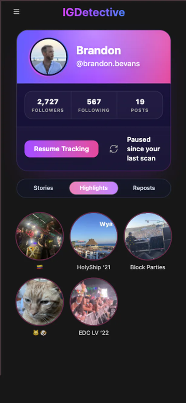The Highlights tab inside IGDetective for a tracked Instagram account: a row of Highlight covers with their titles, next to the Stories and Reposts tabs