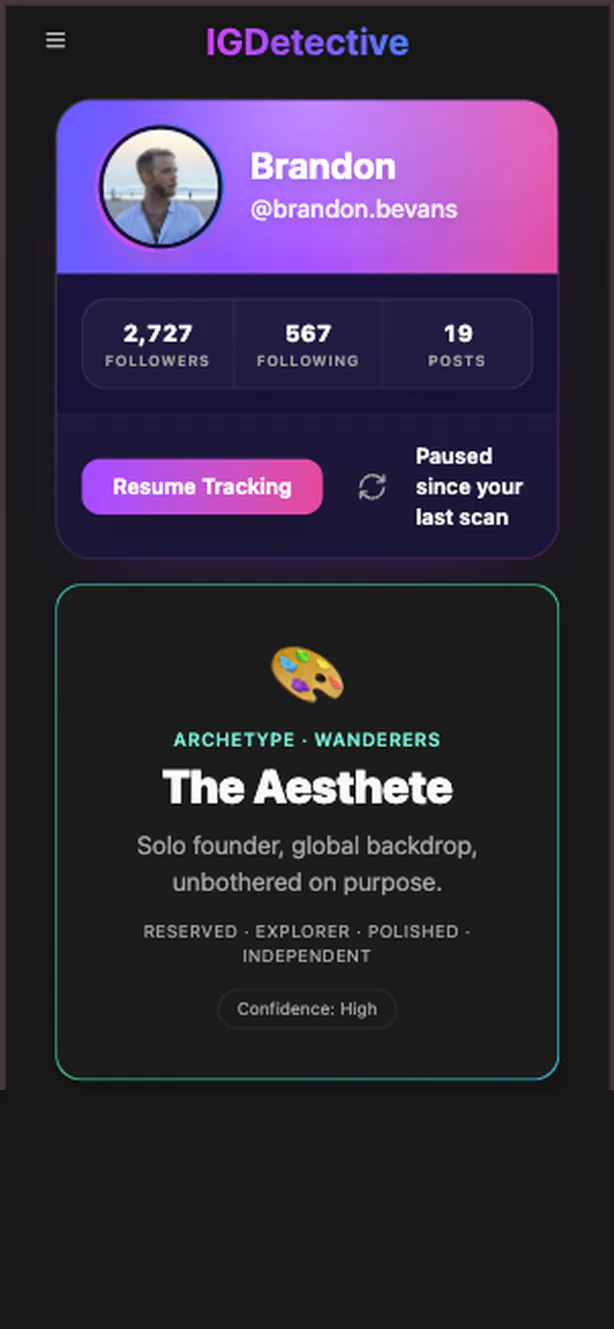 A finished IGDetective Persona report for a public Instagram account: the archetype card reads The Aesthete, in the Wanderers family, with four trait words and a confidence rating