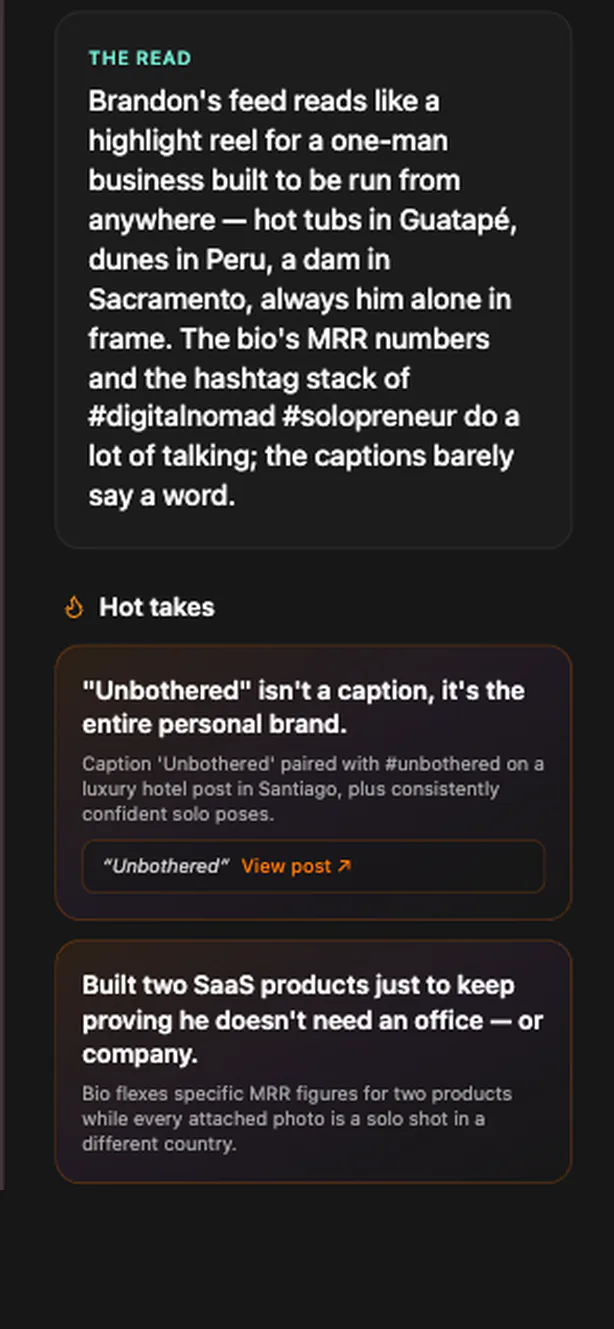 The read and hot takes sections of an IGDetective Persona report, each take quoting the caption or post it was drawn from with a link to view the post