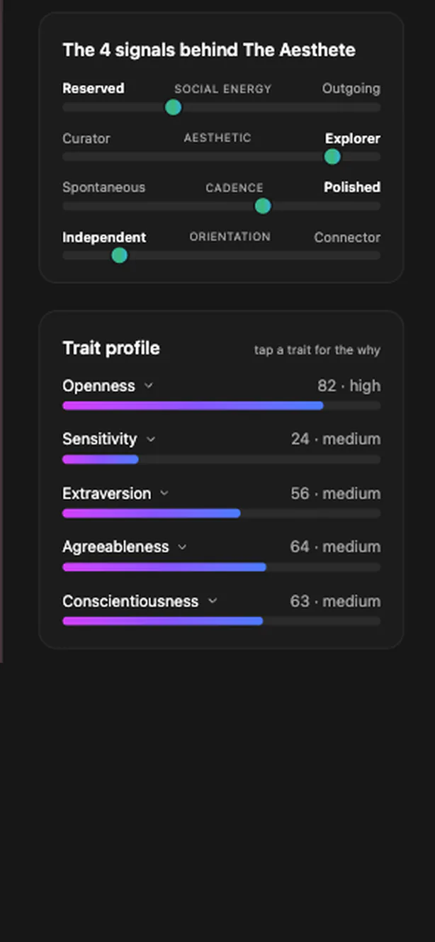 The four-signals panel and Big Five trait profile from an IGDetective Persona report: Social energy, Aesthetic, Cadence and Orientation sliders above Openness, Sensitivity, Extraversion, Agreeableness and Conscientiousness scores